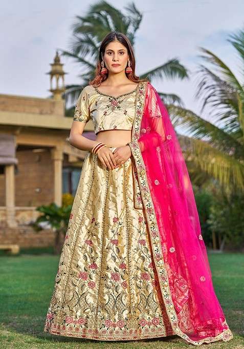 Cream Emboridered Blended Lehenga Choli