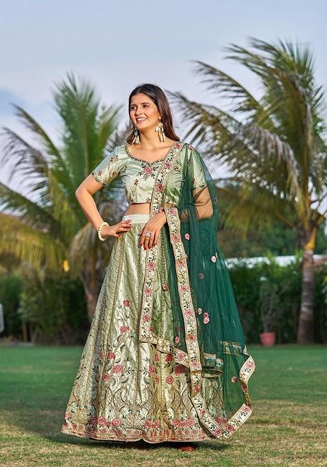 Lime Green Emboridered Blended Lehenga Choli — view on Indya