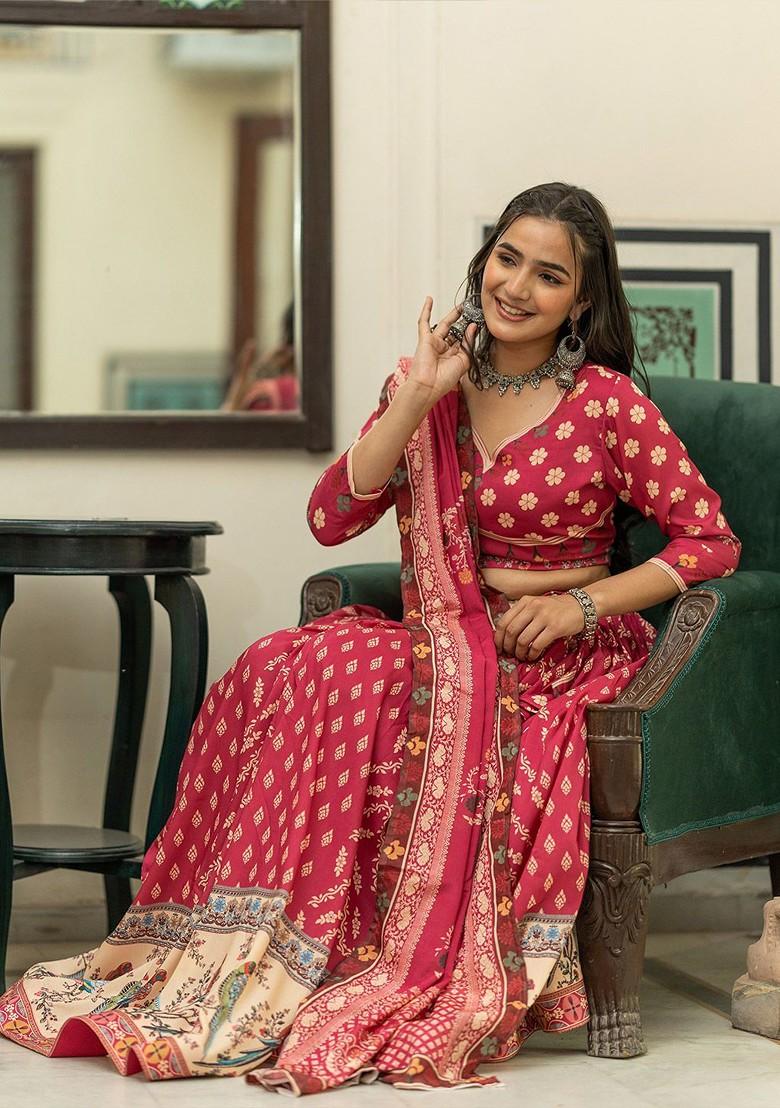 Red Printed Blended Lehenga Choli - Indya