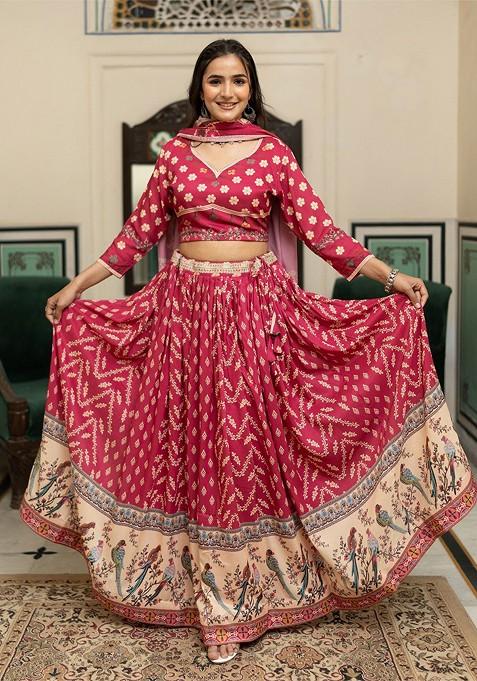 Red Printed Blended Lehenga Choli — view on Indya