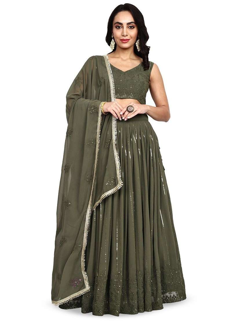 Green Emboridered Blended Lehenga Choli - Indya