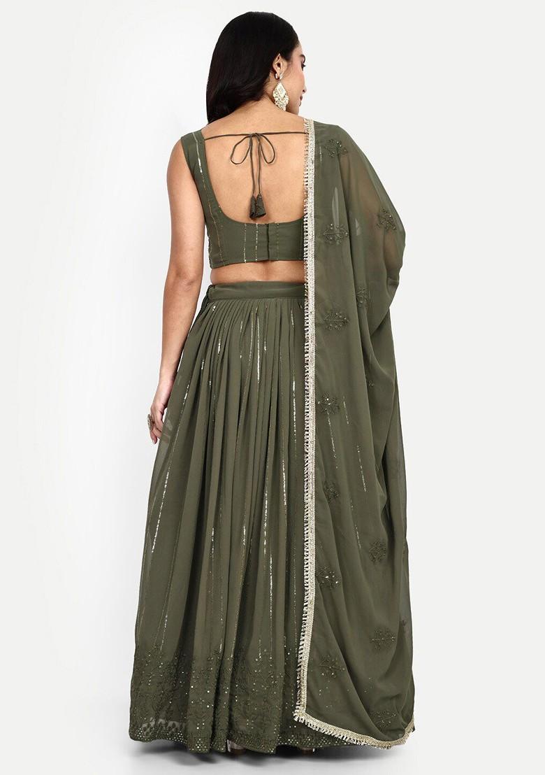 Green Emboridered Blended Lehenga Choli - Indya