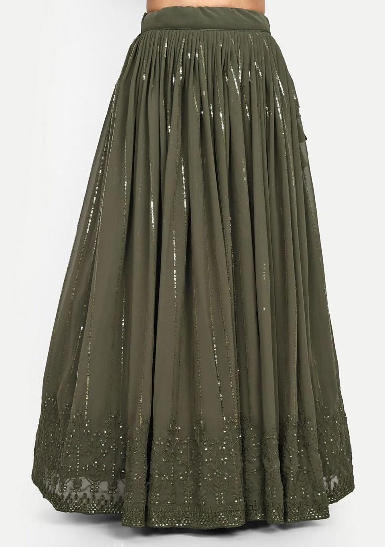 Green Emboridered Blended Lehenga Choli - Indya