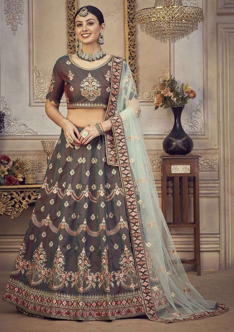 Grey Emboridered Blended Lehenga Choli - Indya