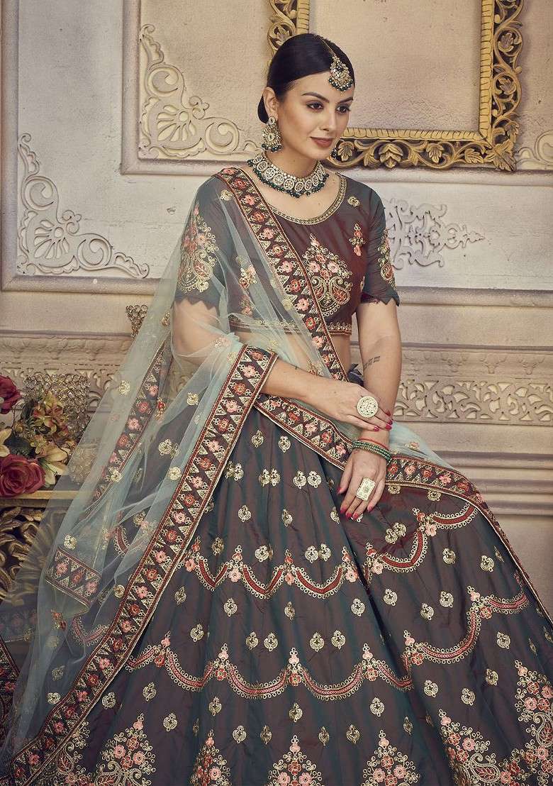 Grey Emboridered Blended Lehenga Choli - Indya