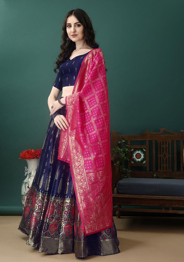 Navy Blue Zari Work Blended Lehenga Choli - Indya