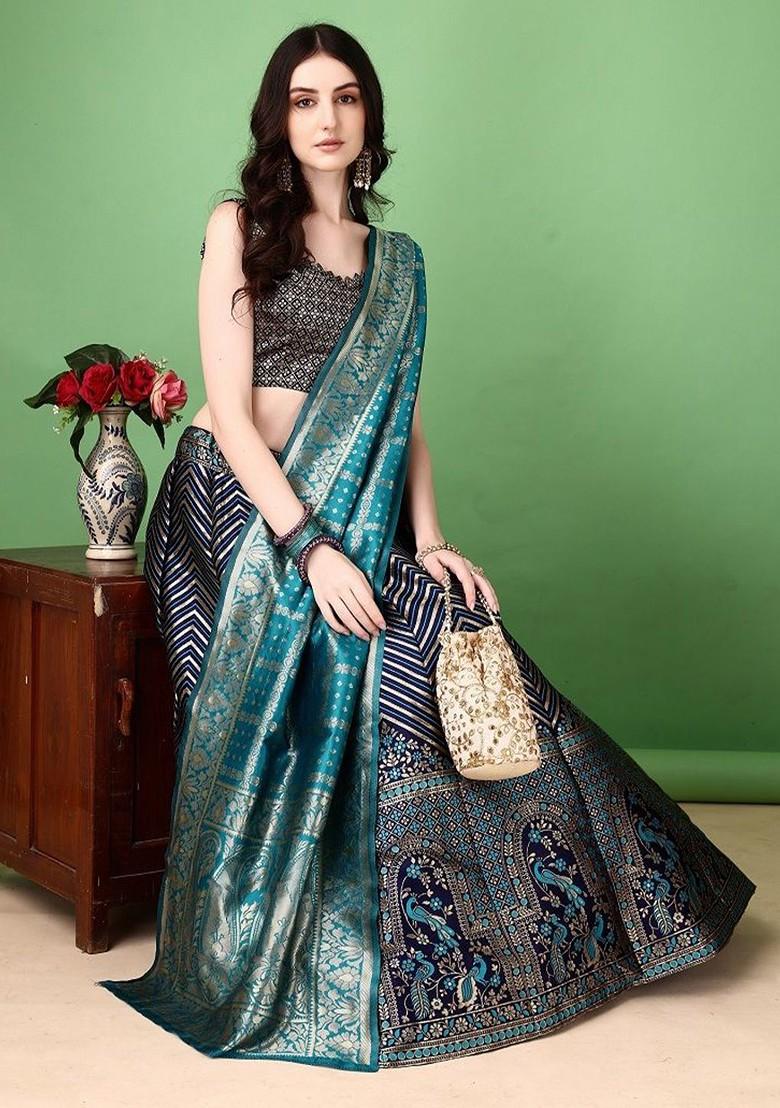 Navy Blue Zari Work Blended Lehenga Choli - Indya