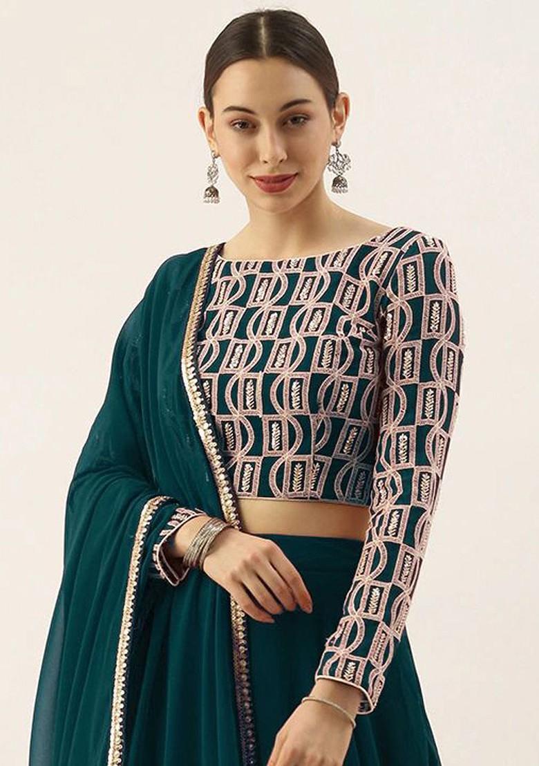 Teal Emboridered Blended Lehenga Choli - Indya