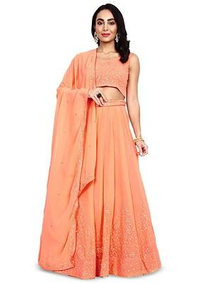 Peach Emboridered Blended Lehenga Choli