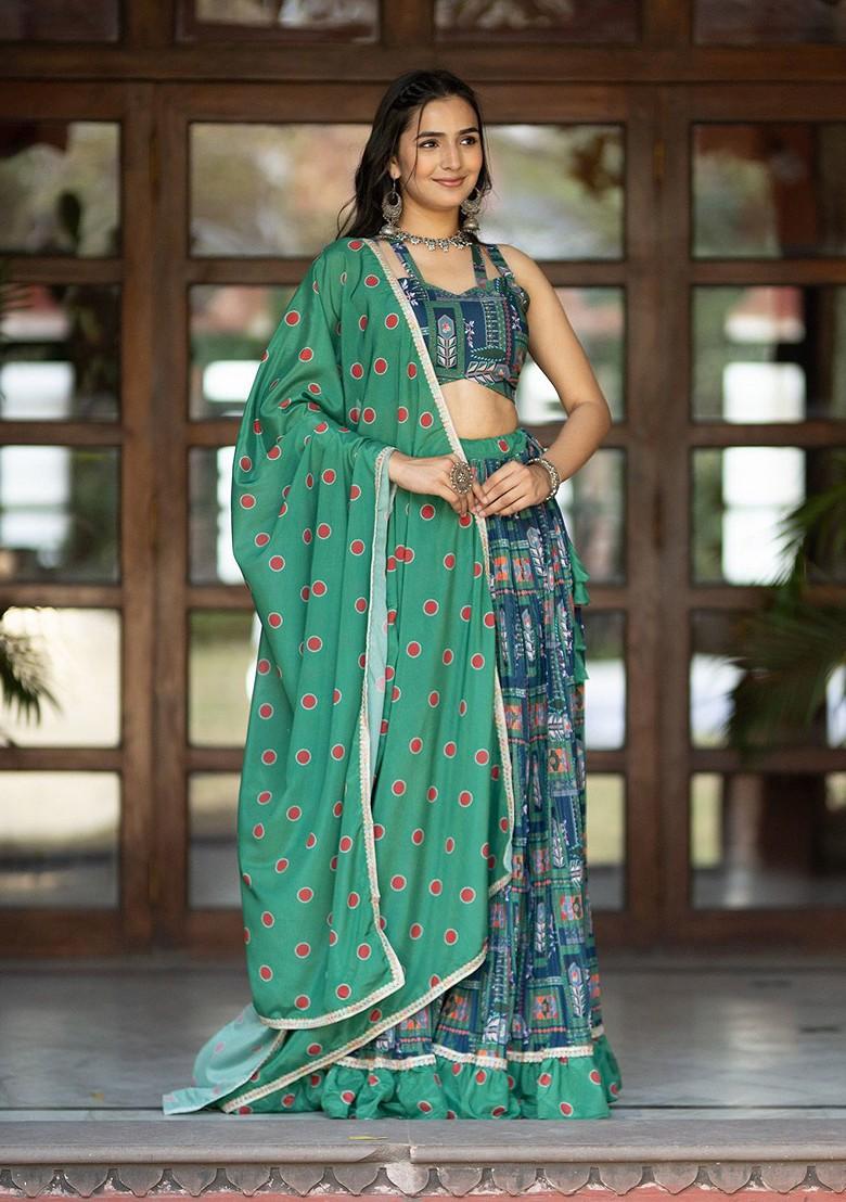Green Printed Blended Lehenga Choli - Indya