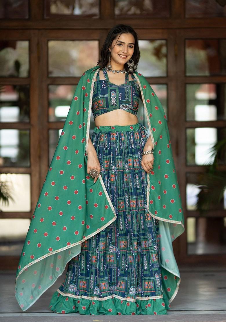 Green Printed Blended Lehenga Choli - Indya
