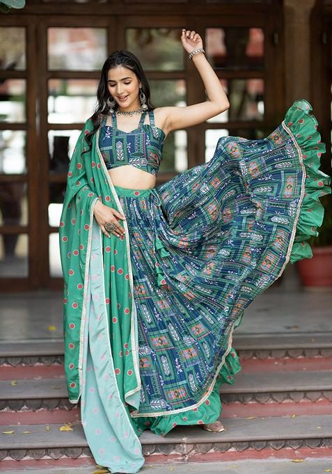 Green Printed Blended Lehenga Choli — view on Indya