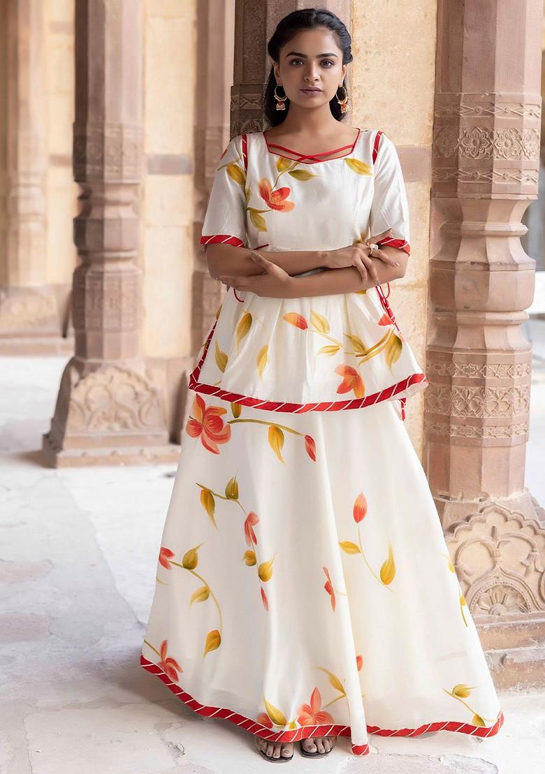 White Printed Blended Lehenga Choli