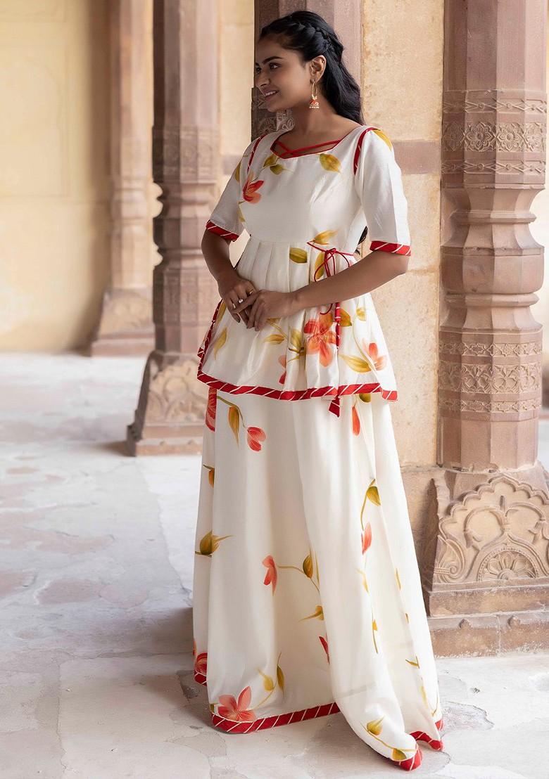 White Printed Blended Lehenga Choli