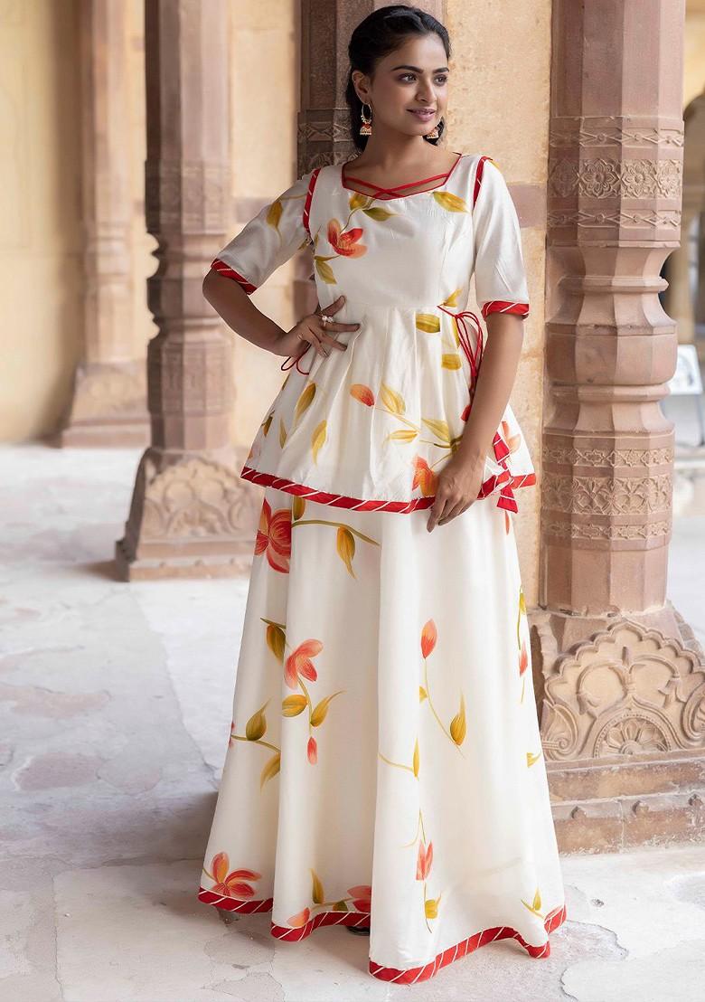 White Printed Blended Lehenga Choli