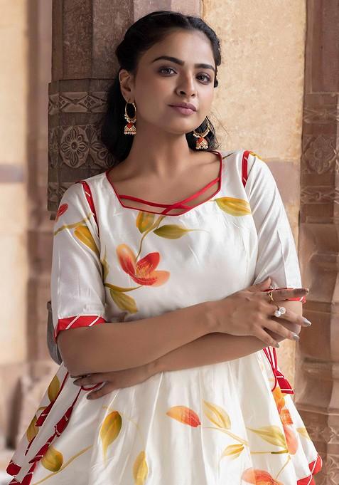 White Printed Blended Lehenga Choli