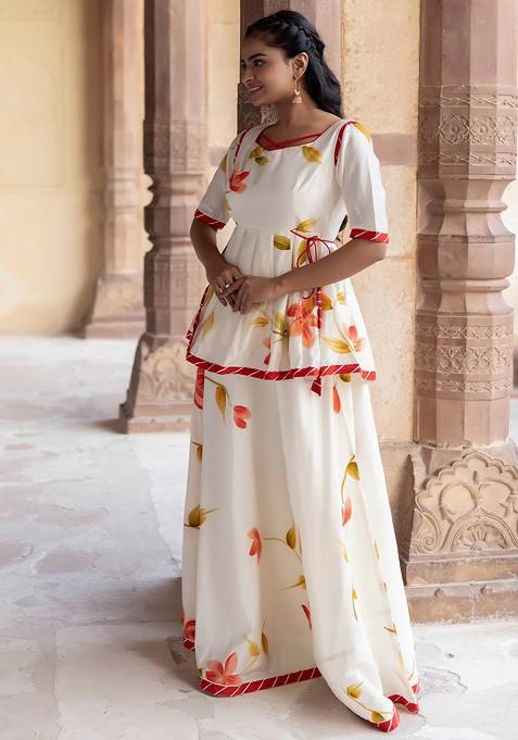 White Printed Blended Lehenga Choli