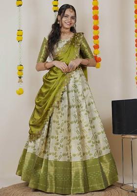 Lime Green Woven Design Blended Lehenga Choli