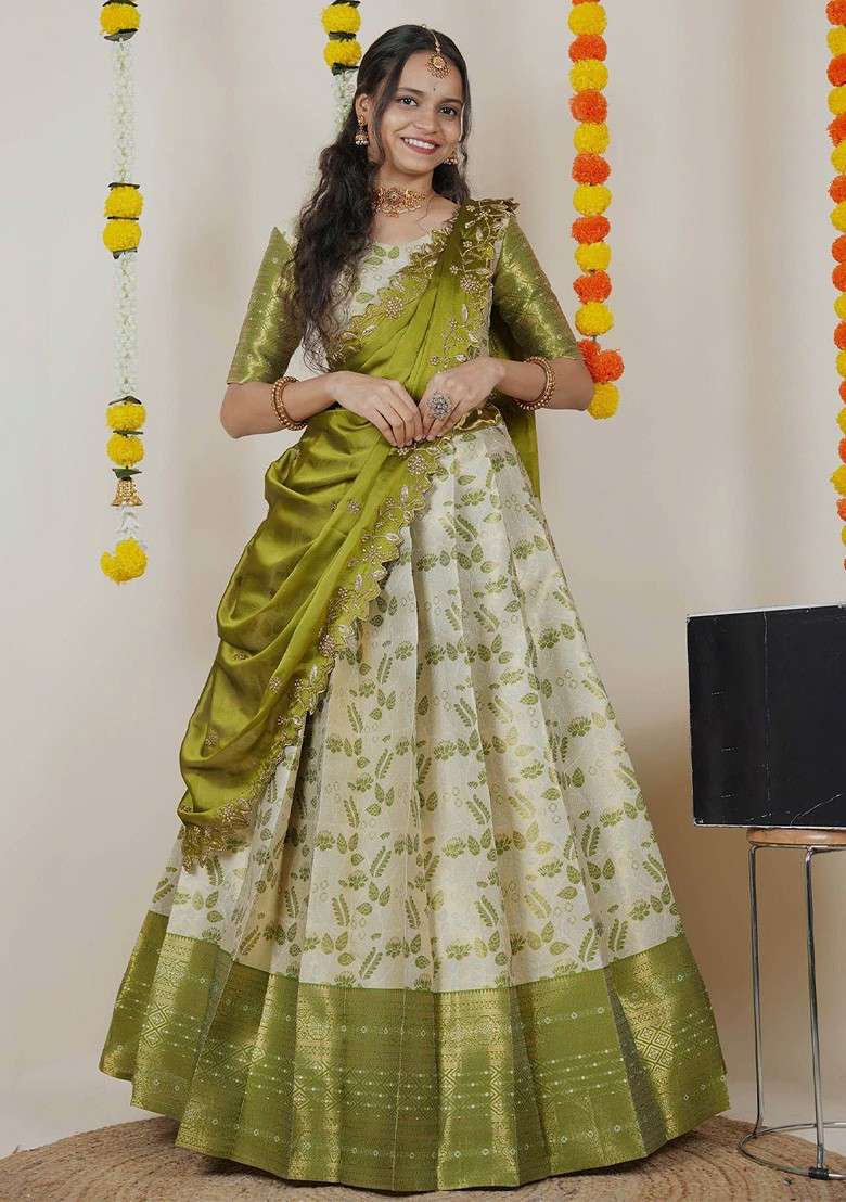 Lime Green Woven Design Blended Lehenga Choli - Indya