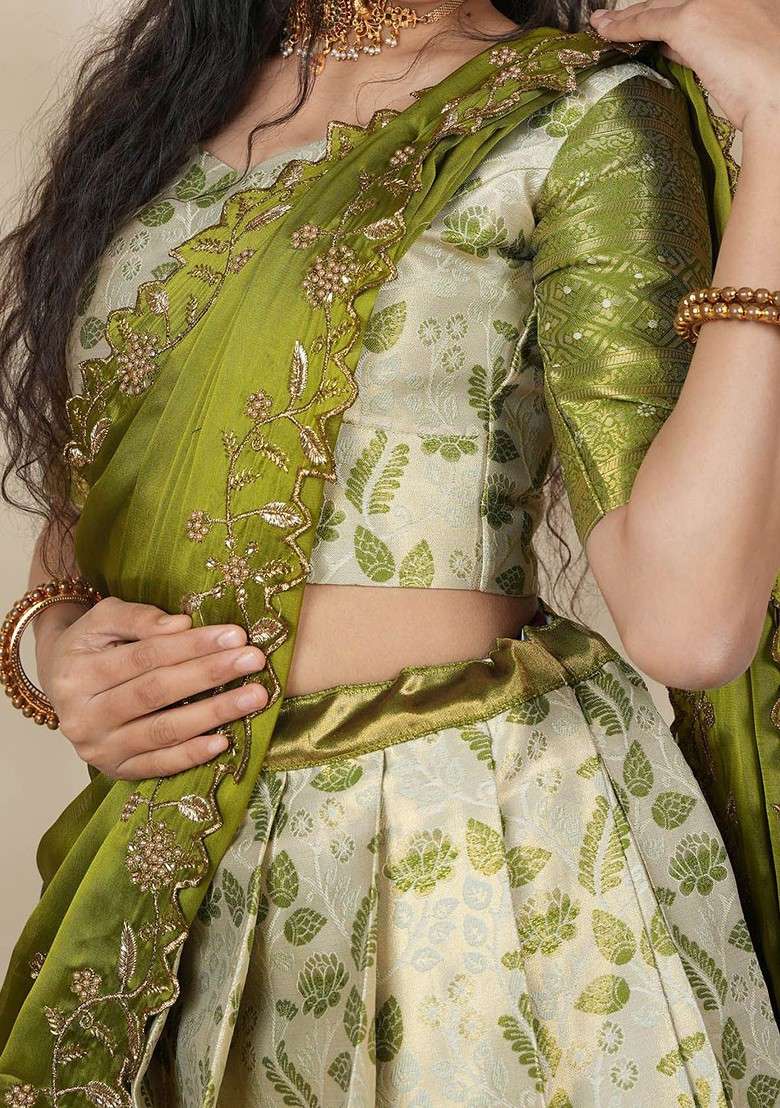Lime Green Woven Design Blended Lehenga Choli - Indya