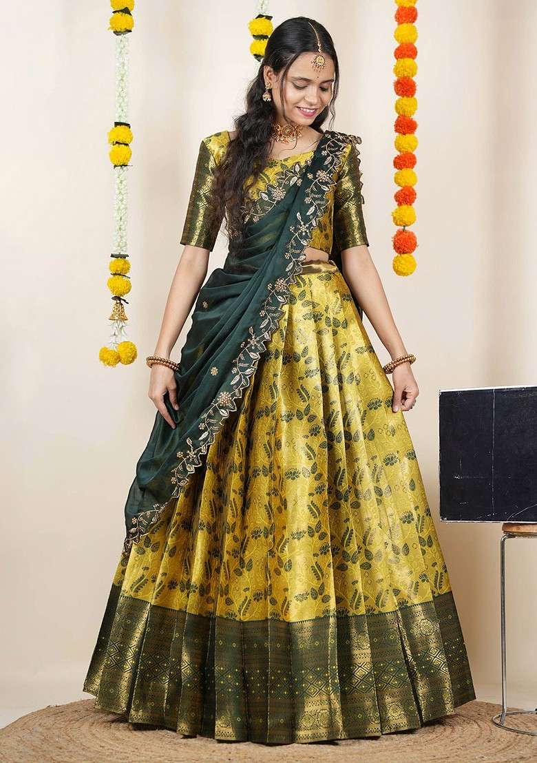 Yellow Woven Design Blended Lehenga Choli - Indya
