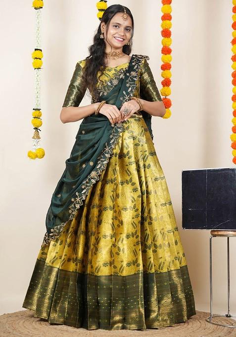 Yellow Woven Design Blended Lehenga Choli