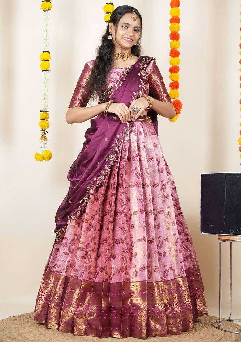 Pink Woven Design Blended Lehenga Choli - Indya