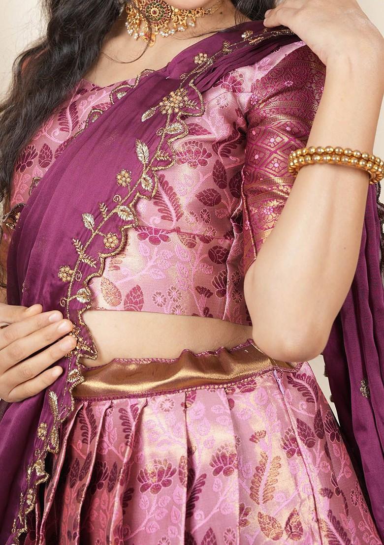 Pink Woven Design Blended Lehenga Choli - Indya
