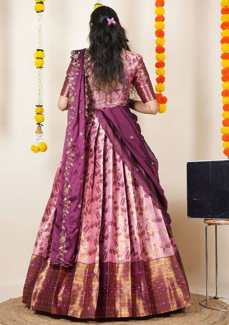 Pink Woven Design Blended Lehenga Choli - Indya
