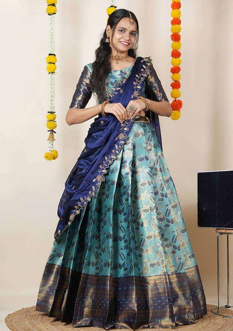 Sea Green Woven Design Blended Lehenga Choli - Indya