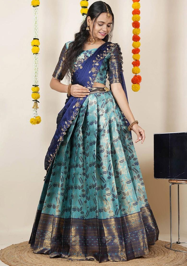 Sea Green Woven Design Blended Lehenga Choli - Indya