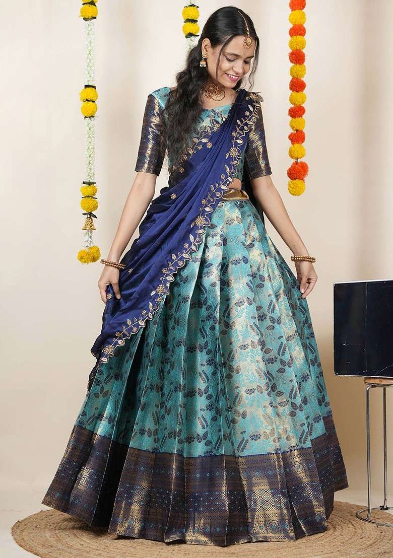 Sea Green Woven Design Blended Lehenga Choli - Indya