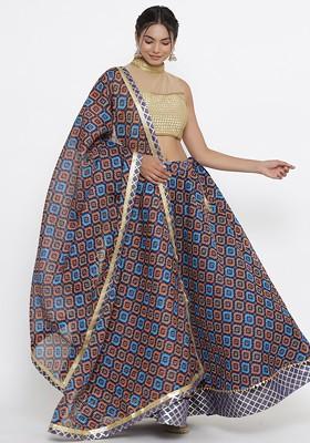 Blue Printed Blended Lehenga Choli