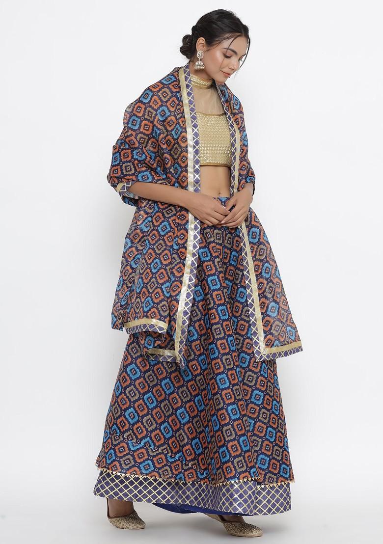 Blue Printed Blended Lehenga Choli - Indya