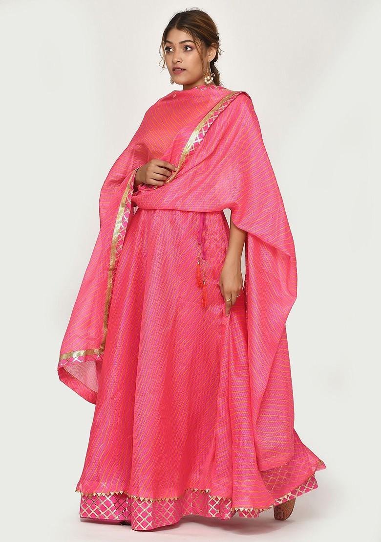 Pink Printed Blended Lehenga Choli - Indya