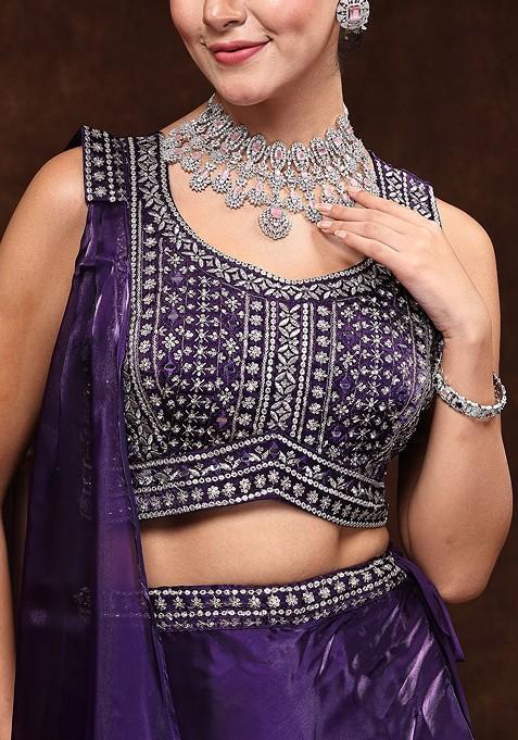 Purple Embellished Blended Lehenga Choli