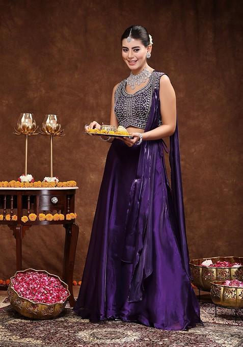 Purple Embellished Blended Lehenga Choli