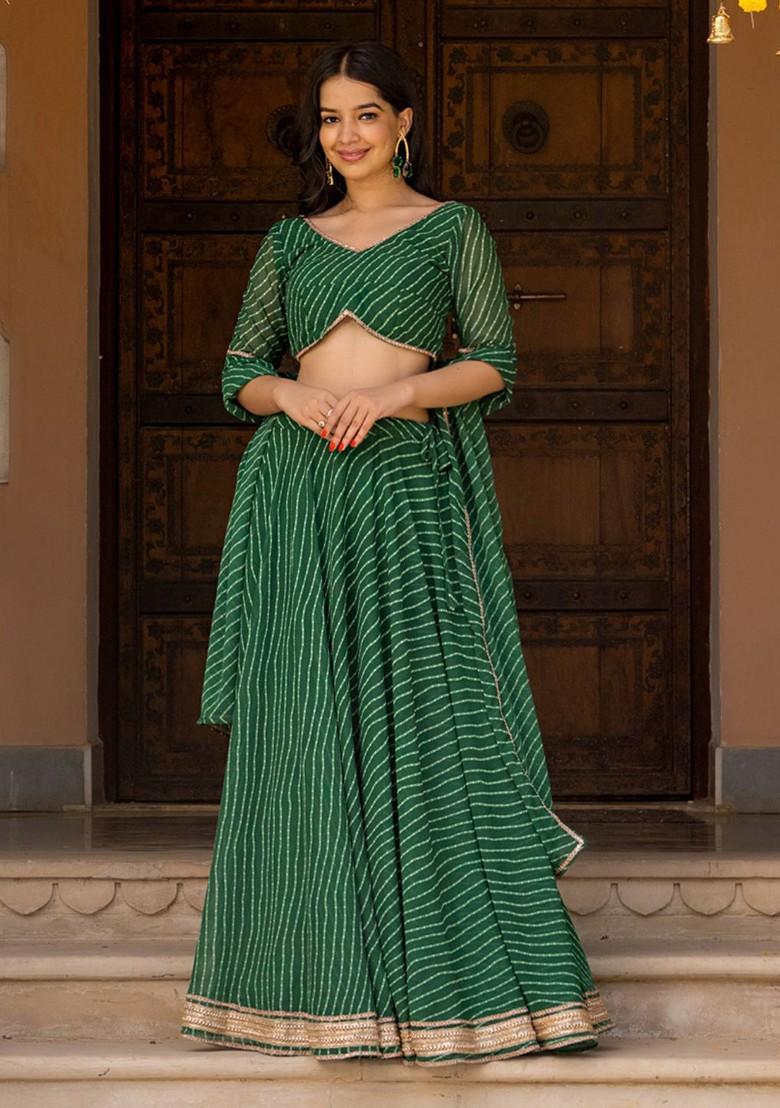 Green Printed Blended Lehenga Choli