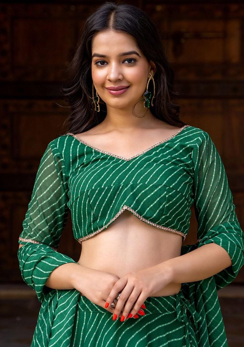 Green Printed Blended Lehenga Choli - Indya