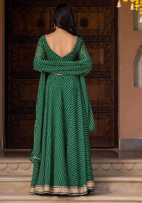 Green Printed Blended Lehenga Choli