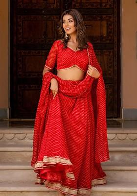 Red Printed Blended Lehenga Choli