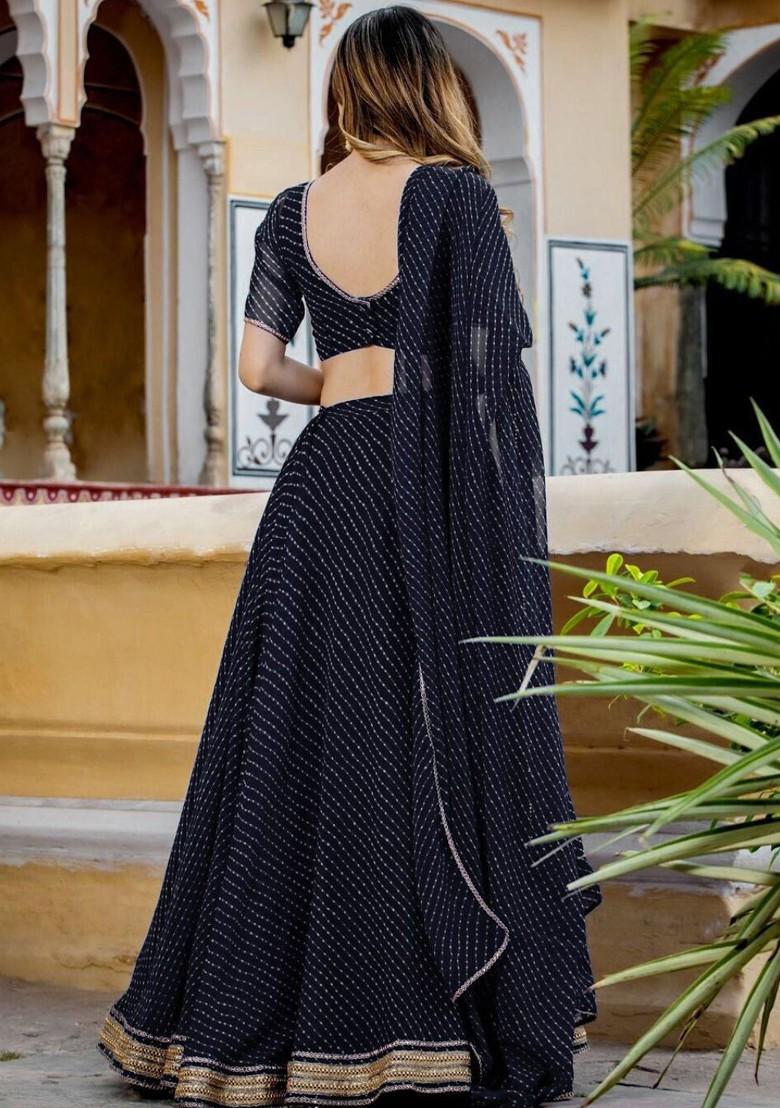 Black Printed Blended Lehenga Choli - Indya