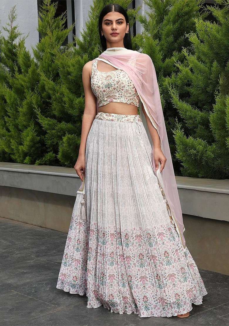 Off White Printed Blended Lehenga Choli - Indya