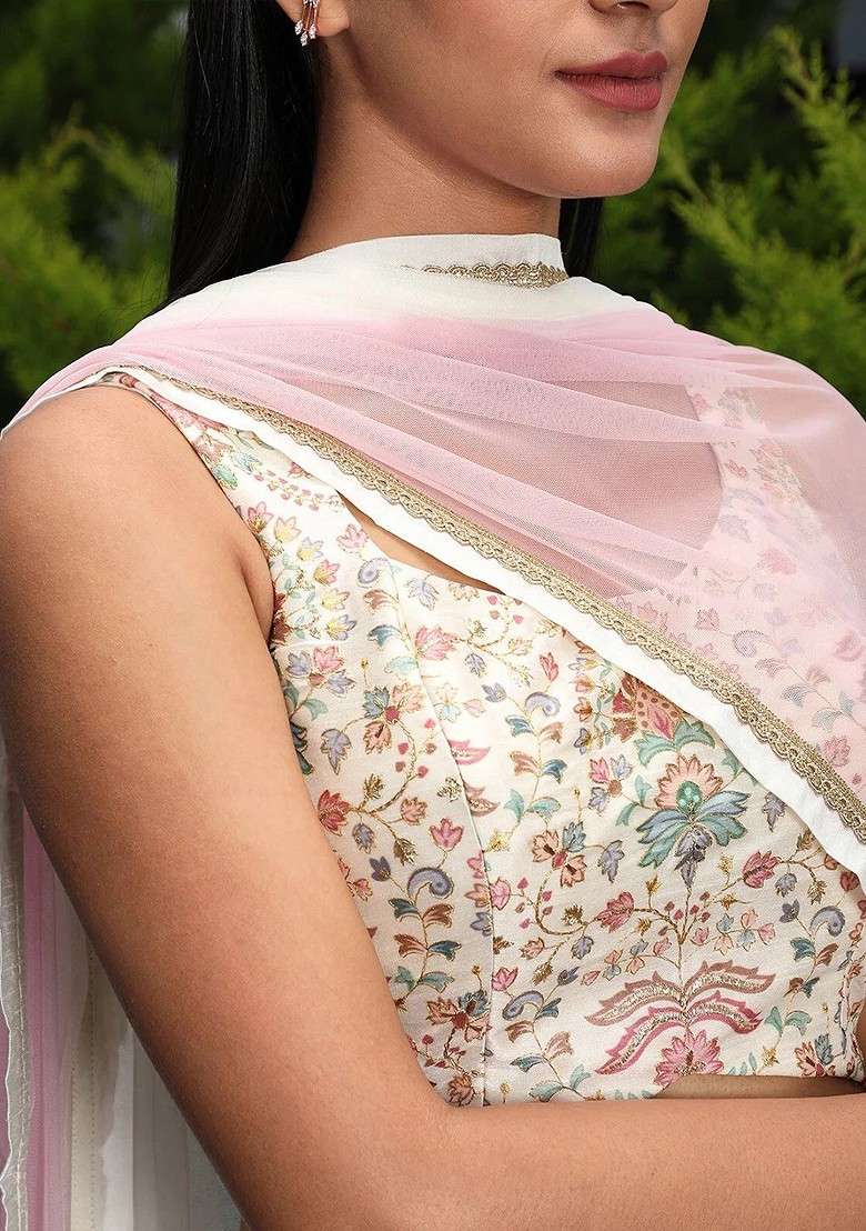 Off White Printed Blended Lehenga Choli - Indya