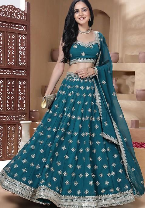 Teal Embellished Blended Lehenga Choli — view on Indya