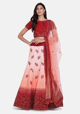 Peach Emboridered Blended Lehenga Choli