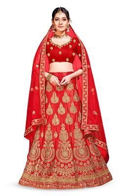 Red Emboridered Blended Lehenga Choli