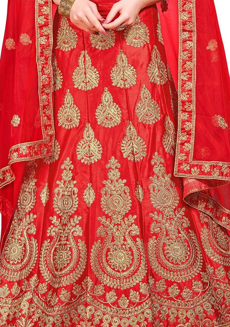 Red Emboridered Blended Lehenga Choli - Indya