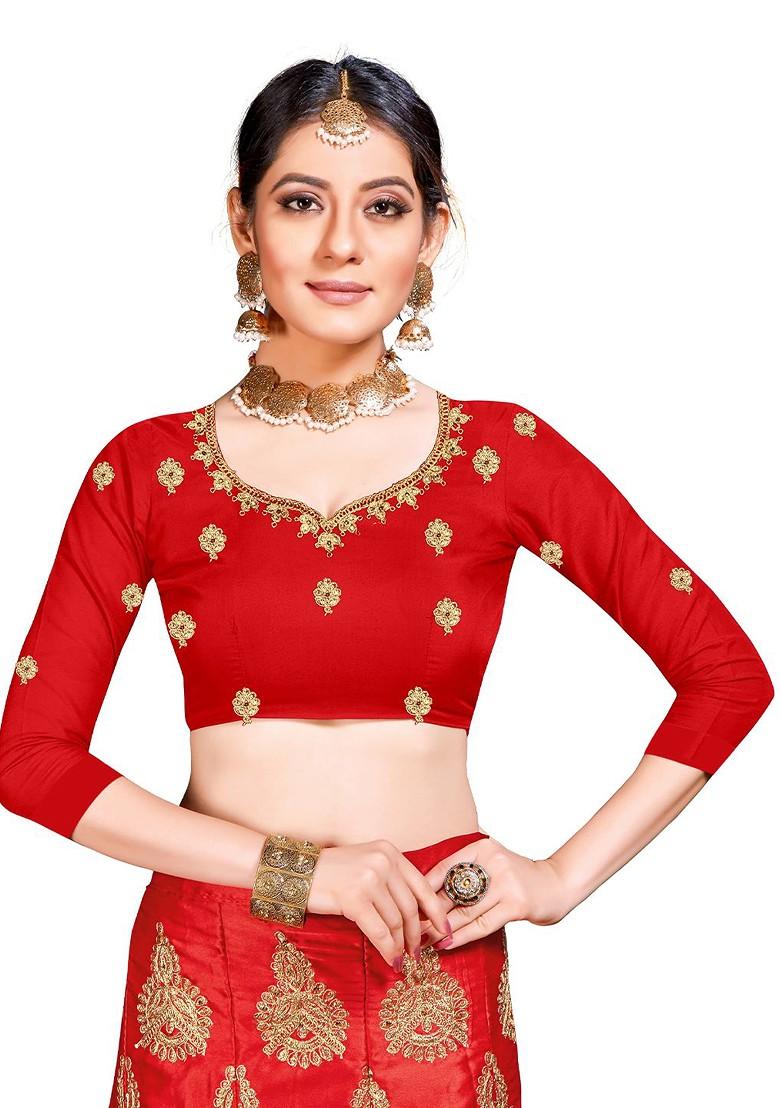 Red Emboridered Blended Lehenga Choli - Indya