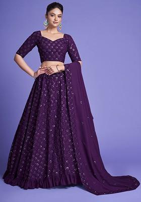 Purple Emboridered Blended Lehenga Choli